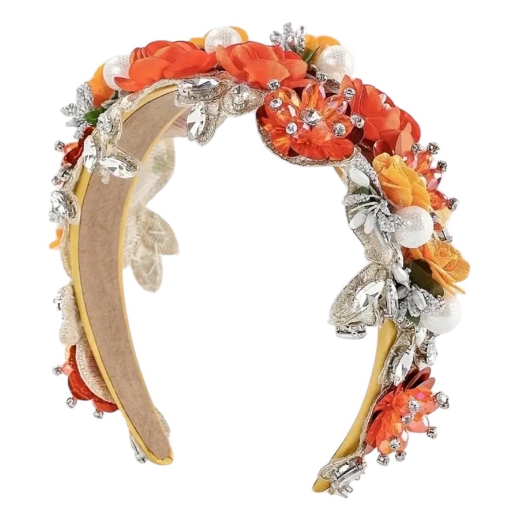 Tangerine Rhinestone Faux Pearl Floral Wide-Brimmed Headband